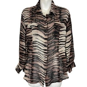 CHICO'S Zebra Black Brown Tan 100% Silk Button Down Shirt Top Long Sleeve sz 2